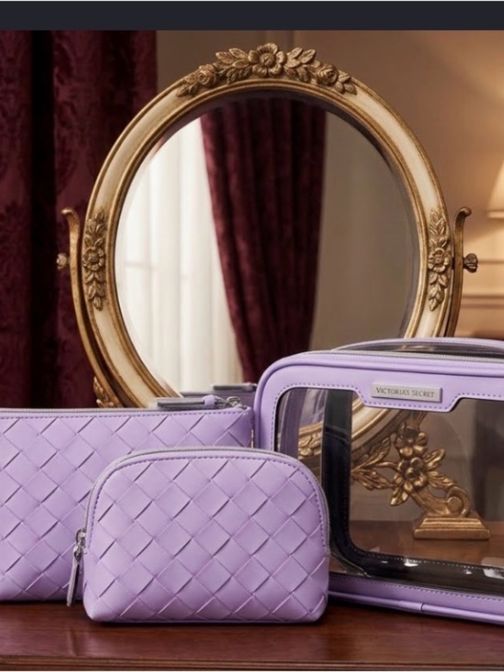 Victoria's Secret Lavender Quilted & Clear Cosmetic Bag Set
